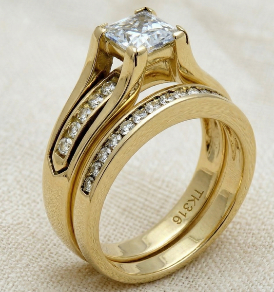 Womens 14K Gold Plated Princess CZ Engagement Ring Mens Flat Wedding Band