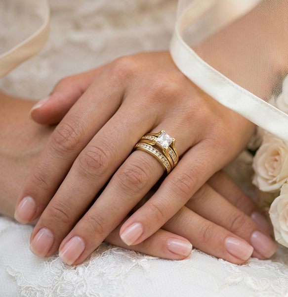 Womens 14K Gold Plated Princess CZ Engagement Ring Mens Flat Wedding Band