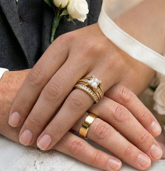 Womens 14K Gold Plated Princess CZ Engagement Ring Mens Flat Wedding Band