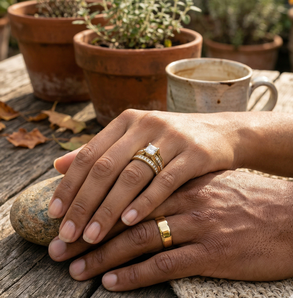 Womens 14K Gold Plated Princess CZ Engagement Ring Mens Flat Wedding Band