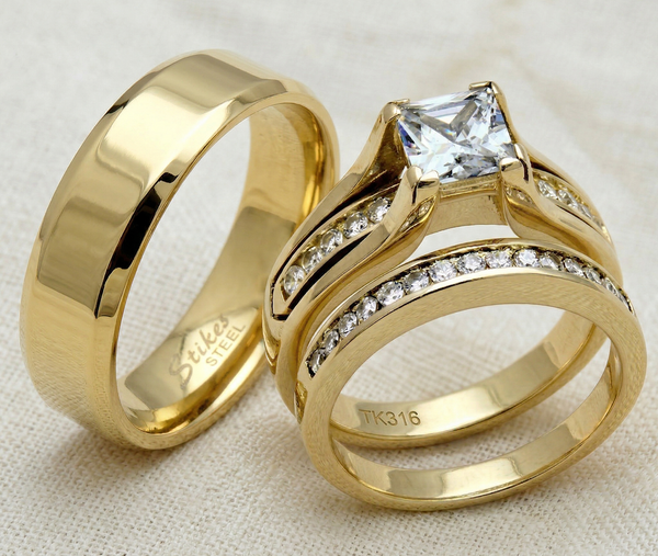 Womens 14K Gold Plated Princess CZ Engagement Ring Mens Flat Wedding Band