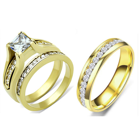 Couple Ring Set Womens 7x7mm Princess CZ Gold Wedding Ring Set Mens All Around CZ Band