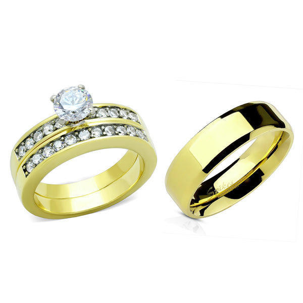 Couples Ring Set Womens Gold Plated 6mm Round CZ Ring Set Mens Gold Plated Flat Wedding Band