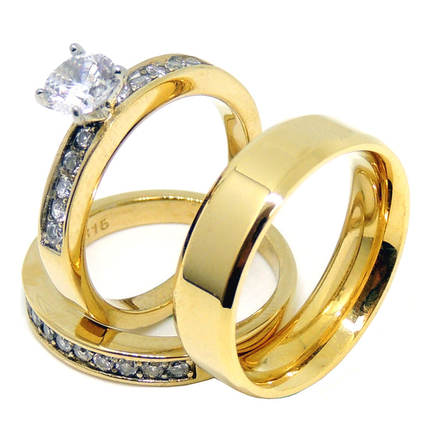 Couples Ring Set Womens Gold Plated 6mm Round CZ Ring Set Mens Gold Plated Flat Wedding Band