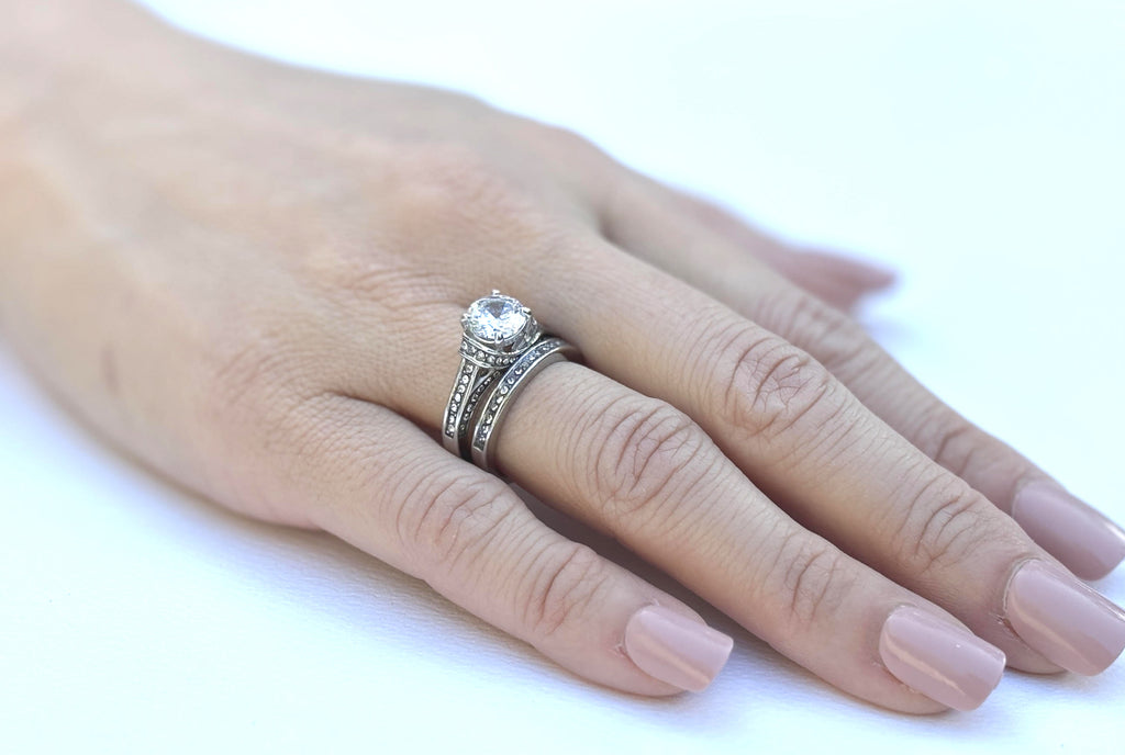 1 Carat Brilliant Cut CZ Women's Stainless Steel Engagement Ring Set