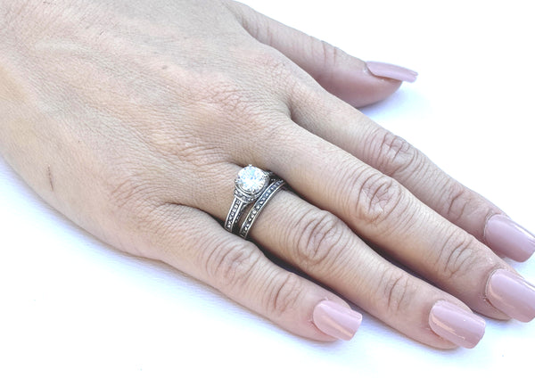 Juego de 3 anillos de boda de acero inoxidable para mujer con circonita cúbica de corte redondo de 7 x 7 mm para él y ella, banda a juego para hombre 