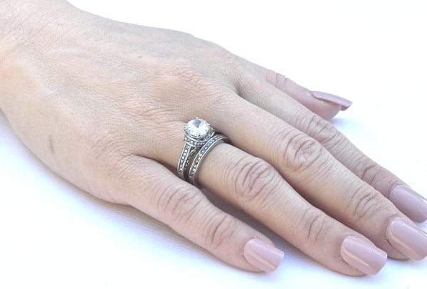 Juego de 3 anillos de boda de acero inoxidable para mujer con circonita cúbica de corte redondo de 7 x 7 mm para él y ella, banda a juego para hombre 