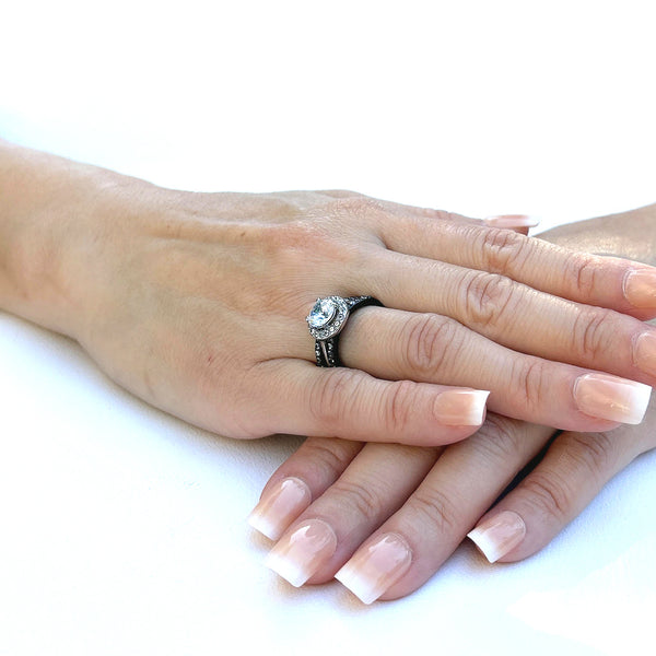 Anillo para él y para ella, conjunto de anillo de boda para mujer de 1 quilate, 7 x 7 mm, circonita cúbica negra, conjunto de bisel para hombre, banda de boda con circonita cúbica