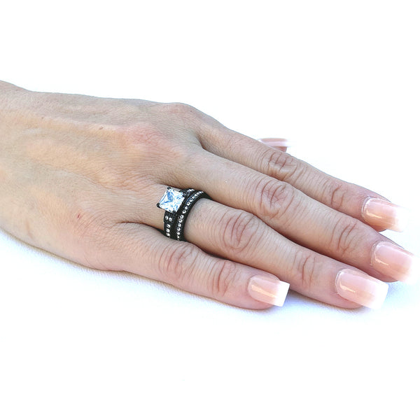 Juego de anillos para parejas, anillo de compromiso de circonita cúbica negra de princesa para mujer, juego de bisel para hombre, banda de boda de circonita cúbica