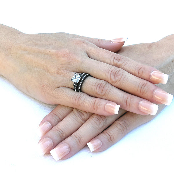 Juego de anillos para parejas, anillo de compromiso de circonita cúbica negra de princesa para mujer, juego de bisel para hombre, banda de boda de circonita cúbica