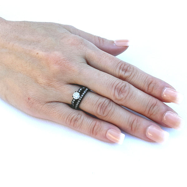 3 PCS Couple 5x5mm Round Cut CZ Black IP Stainless Steel Wedding Set Mens Band with 3 CZs