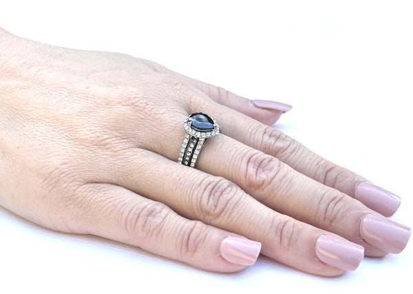 Juego de anillos para él y ella, anillo de bodas con circonita cúbica negra en forma de pera para mujer, juego de bisel para hombre, banda de bodas con circonita cúbica