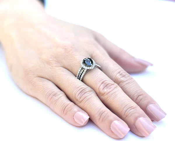 Juego de anillos para él y ella, anillo de bodas con circonita cúbica negra en forma de pera para mujer, juego de bisel para hombre, banda de bodas con circonita cúbica