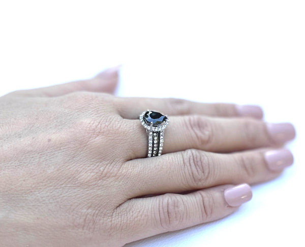 Juego de anillos para él y ella, anillo de bodas con circonita cúbica negra en forma de pera para mujer, juego de bisel para hombre, banda de bodas con circonita cúbica