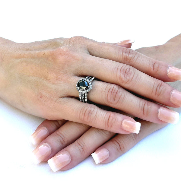 Juego de anillos para él y ella, anillo de bodas con circonita cúbica negra en forma de pera para mujer, juego de bisel para hombre, banda de bodas con circonita cúbica