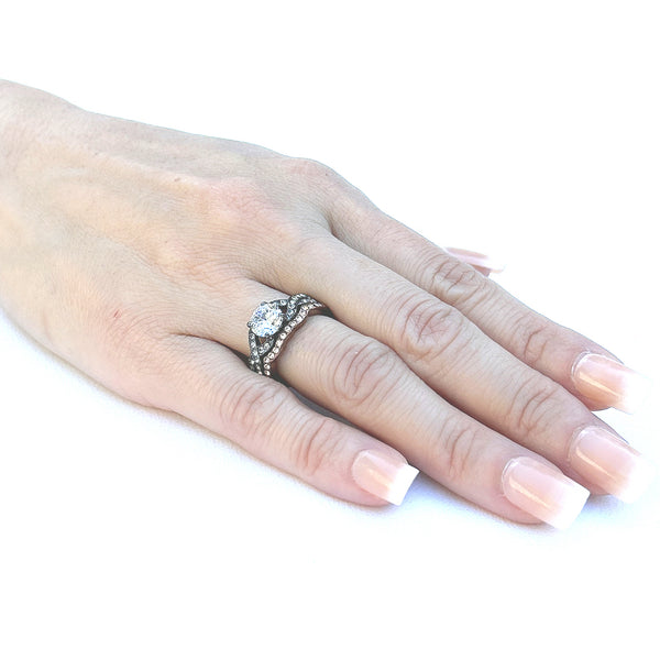 Womens Round Cut CZ in Light Black & Light Coffee IP Stainless Steel 2 RINGS SET