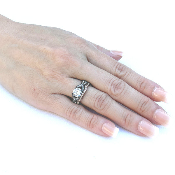 Womens Round Cut CZ in Light Black & Light Coffee IP Stainless Steel 2 RINGS SET