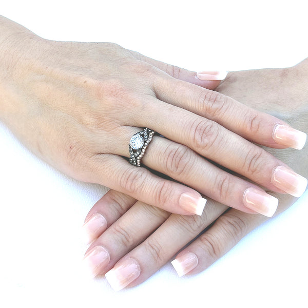 Womens Round Cut CZ in Light Black & Light Coffee IP Stainless Steel 2 RINGS SET