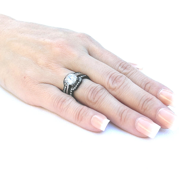 Juego de 4 anillos para él y ella, anillo de compromiso de dos tonos con circonita cúbica redonda para mujer, anillo de bodas con bisel para hombre