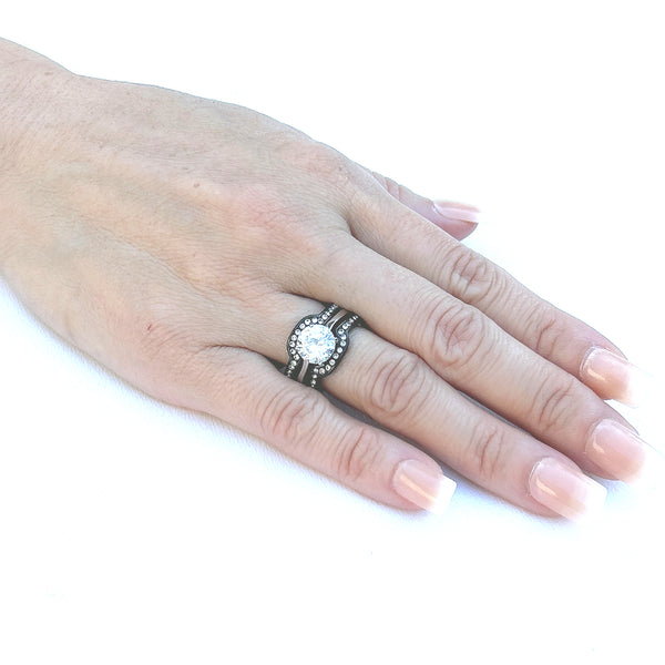 Juego de 4 anillos para él y ella, anillo de compromiso de dos tonos con circonita cúbica redonda para mujer, anillo de bodas con bisel para hombre