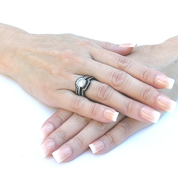 Juego de 4 anillos para él y ella, anillo de compromiso de dos tonos con circonita cúbica redonda para mujer, anillo de bodas con bisel para hombre