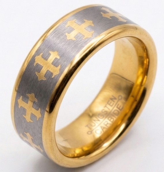 Mens Hammered Tungsten with Inlaid Gold Cross Motif Wedding Ring The Architect's Band