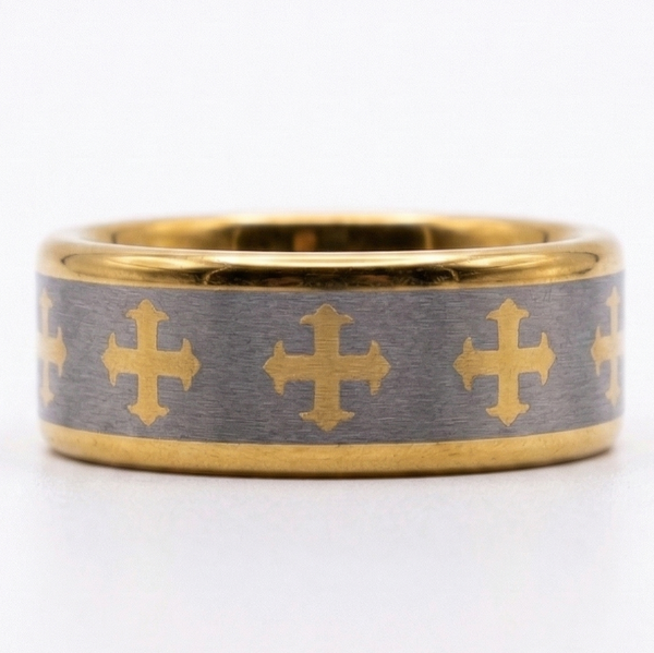 Mens Hammered Tungsten with Inlaid Gold Cross Motif Wedding Ring The Architect's Band