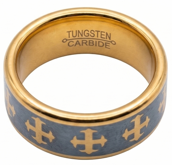 Mens Hammered Tungsten with Inlaid Gold Cross Motif Wedding Ring The Architect's Band