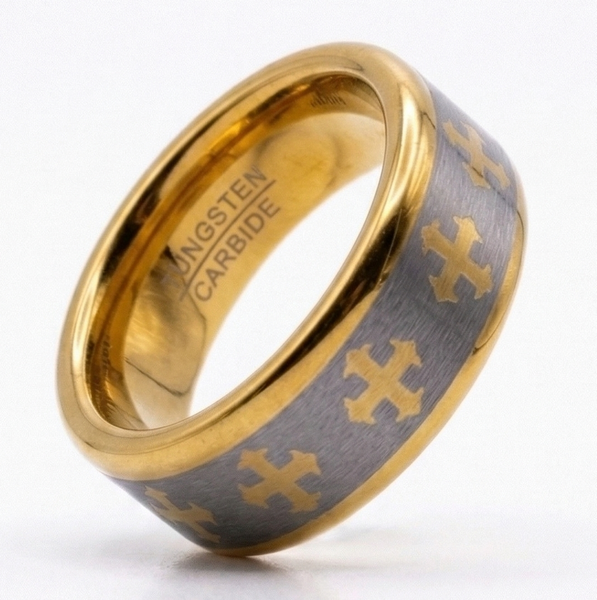 Mens Hammered Tungsten with Inlaid Gold Cross Motif Wedding Ring The Architect's Band