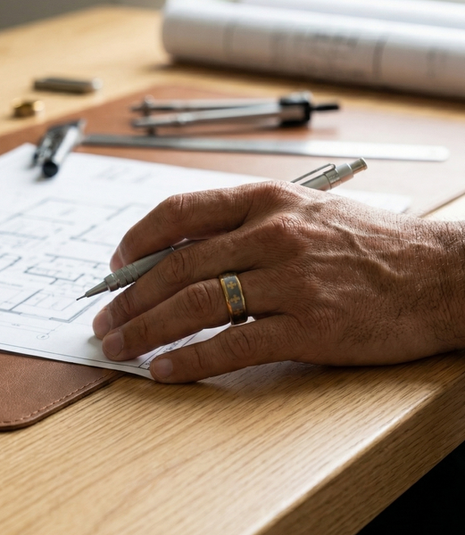 Mens Hammered Tungsten with Inlaid Gold Cross Motif Wedding Ring The Architect's Band