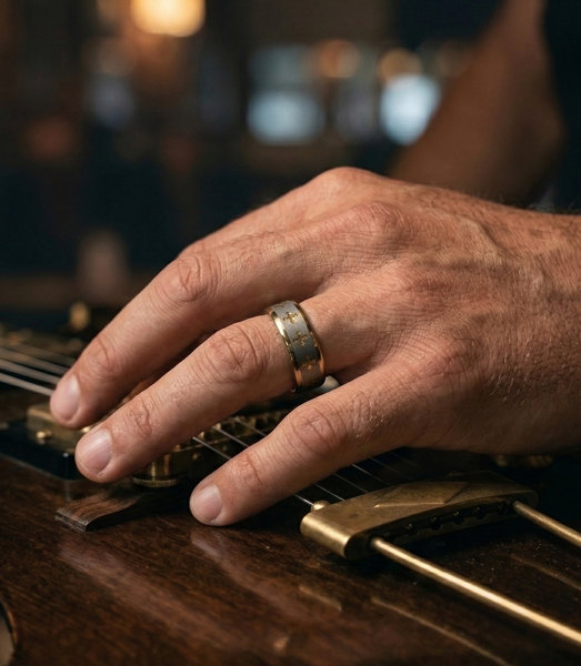 Mens Hammered Tungsten with Inlaid Gold Cross Motif Wedding Ring The Architect's Band