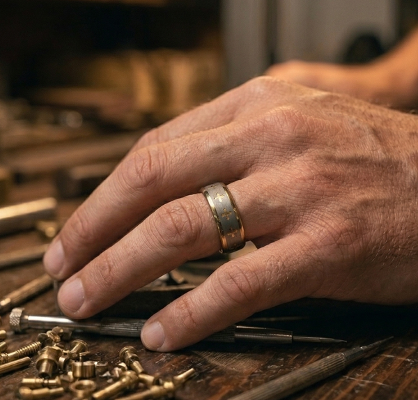 Mens Hammered Tungsten with Inlaid Gold Cross Motif Wedding Ring The Architect's Band