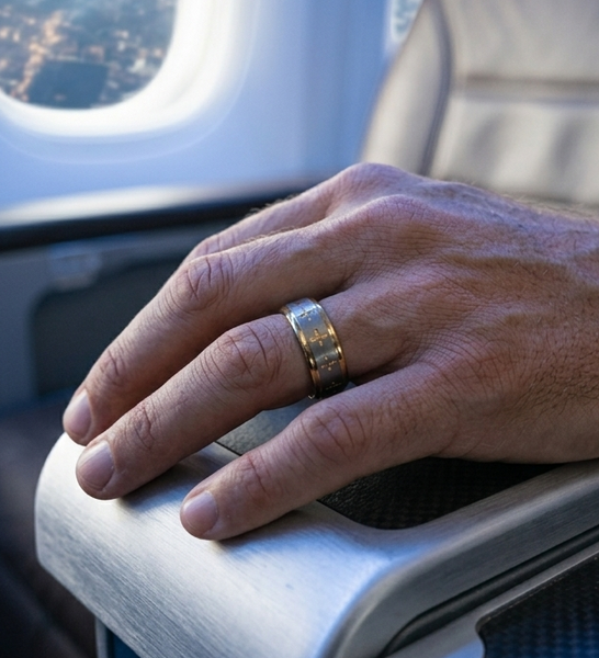 Mens Hammered Tungsten with Inlaid Gold Cross Motif Wedding Ring The Architect's Band