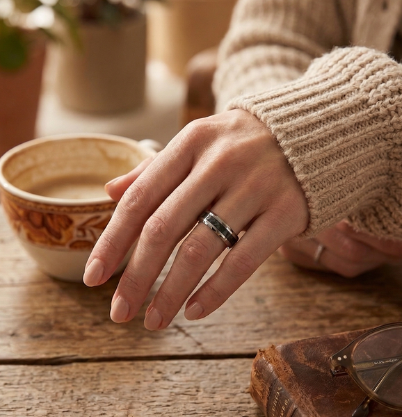 Couple Ring Set Mens Womens Polished Tungsten & Carbon Fiber checkered Band