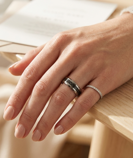 Couple Ring Set Mens Womens Polished Tungsten & Carbon Fiber checkered Band