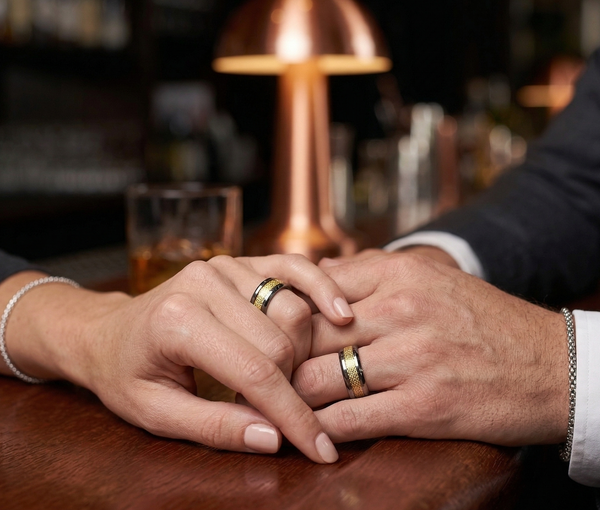 Elegant Tungsten Carbide Rings with Gold Woven Inlay for Couples Man and Woman