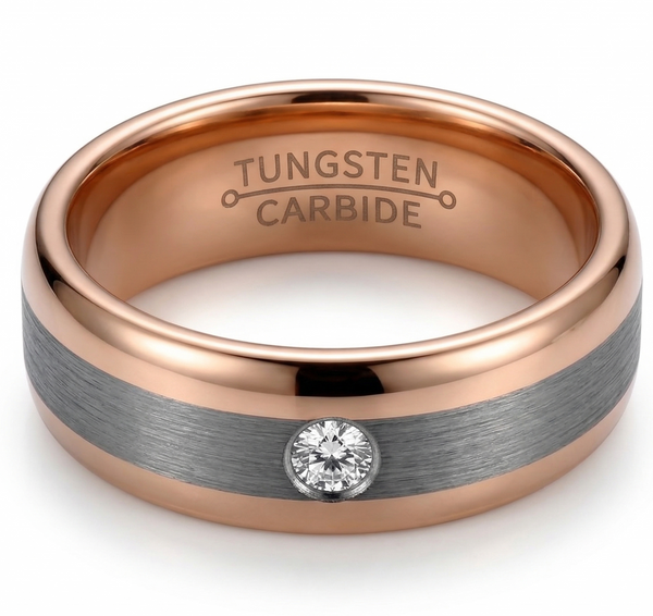 Women's Elegant Two-Tone Rose Gold & Brushed Grey Tungsten Ring with Simulated Diamond Accent