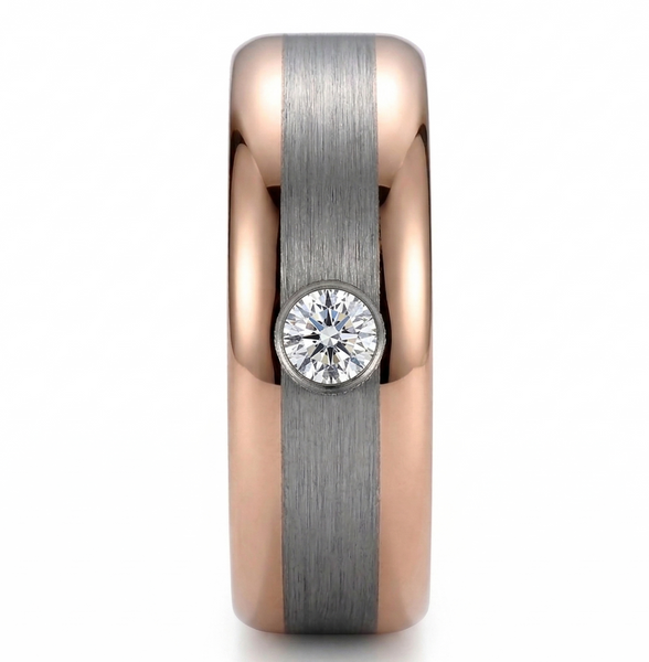 Women's Elegant Two-Tone Rose Gold & Brushed Grey Tungsten Ring with Simulated Diamond Accent