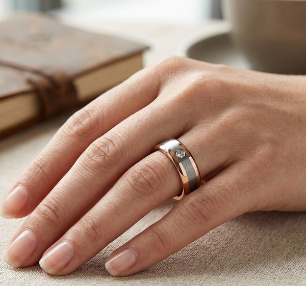 Women's Elegant Two-Tone Rose Gold & Brushed Grey Tungsten Ring with Simulated Diamond Accent