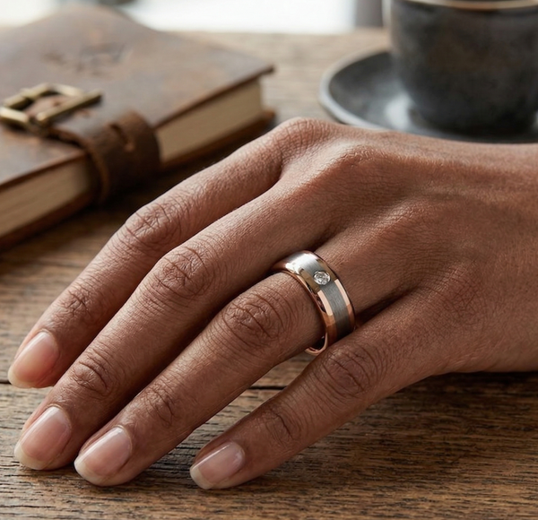 Women's Elegant Two-Tone Rose Gold & Brushed Grey Tungsten Ring with Simulated Diamond Accent