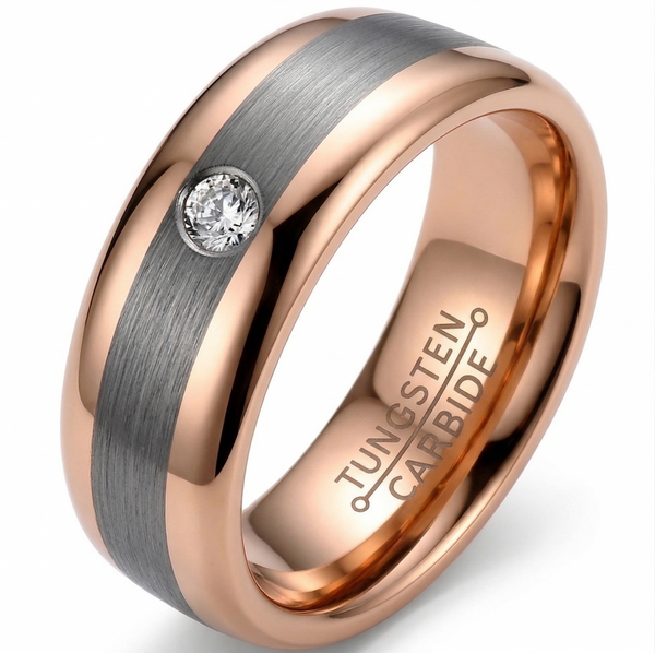 Women's Elegant Two-Tone Rose Gold & Brushed Grey Tungsten Ring with Simulated Diamond Accent