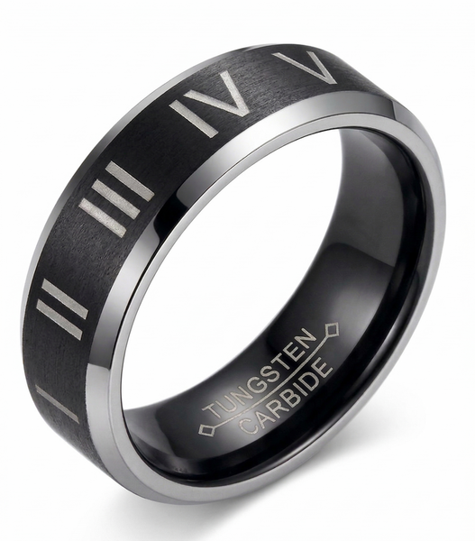 8mm Men's Black Tungsten Roman Numeral Ring