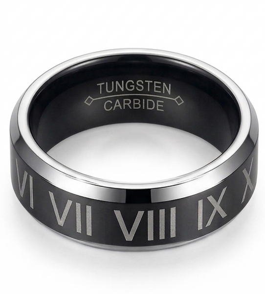 8mm Men's Black Tungsten Roman Numeral Ring