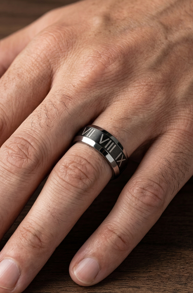 8mm Men's Black Tungsten Roman Numeral Ring