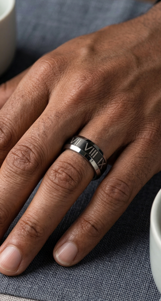 8mm Men's Black Tungsten Roman Numeral Ring