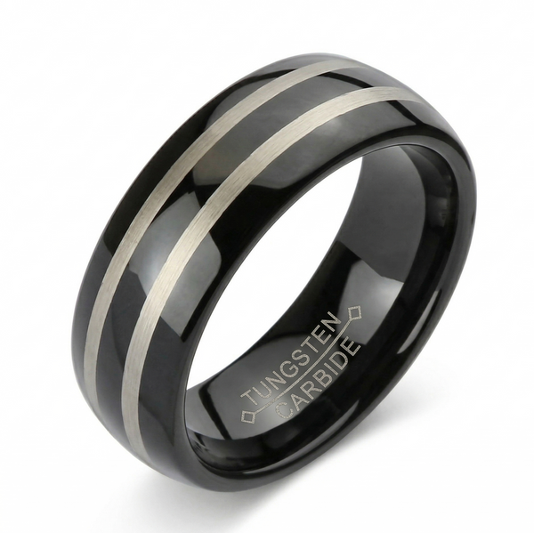 Men's Black Tungsten Carbide Wedding Band with Double Silver Brushed Stripes – Comfort Fit