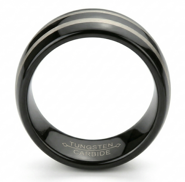 Men's Black Tungsten Carbide Wedding Band with Double Silver Brushed Stripes – Comfort Fit