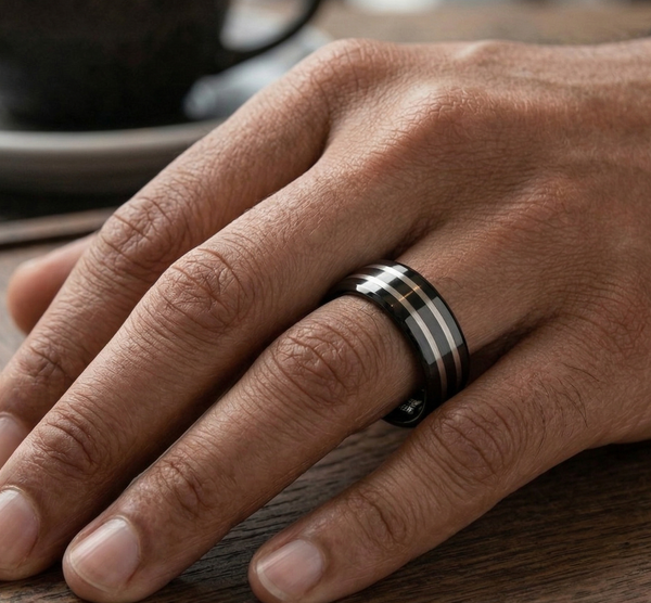 Men's Black Tungsten Carbide Wedding Band with Double Silver Brushed Stripes – Comfort Fit