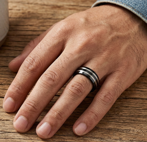 Men's Black Tungsten Carbide Wedding Band with Double Silver Brushed Stripes – Comfort Fit
