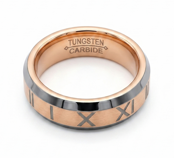 6mm Women's Two-Tone Tungsten Carbide Ring with Roman Numeral Engraving–Rose Gold & Silver Beveled Band